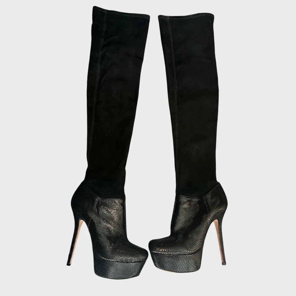 Alice + Olivia Black Thigh-High Platform Stiletto Over-the-Knee Leather Boots